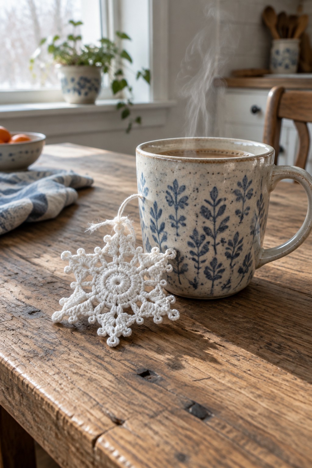 Steaming blue-patterned mug beside white crocheted snowflake on rustic wooden table