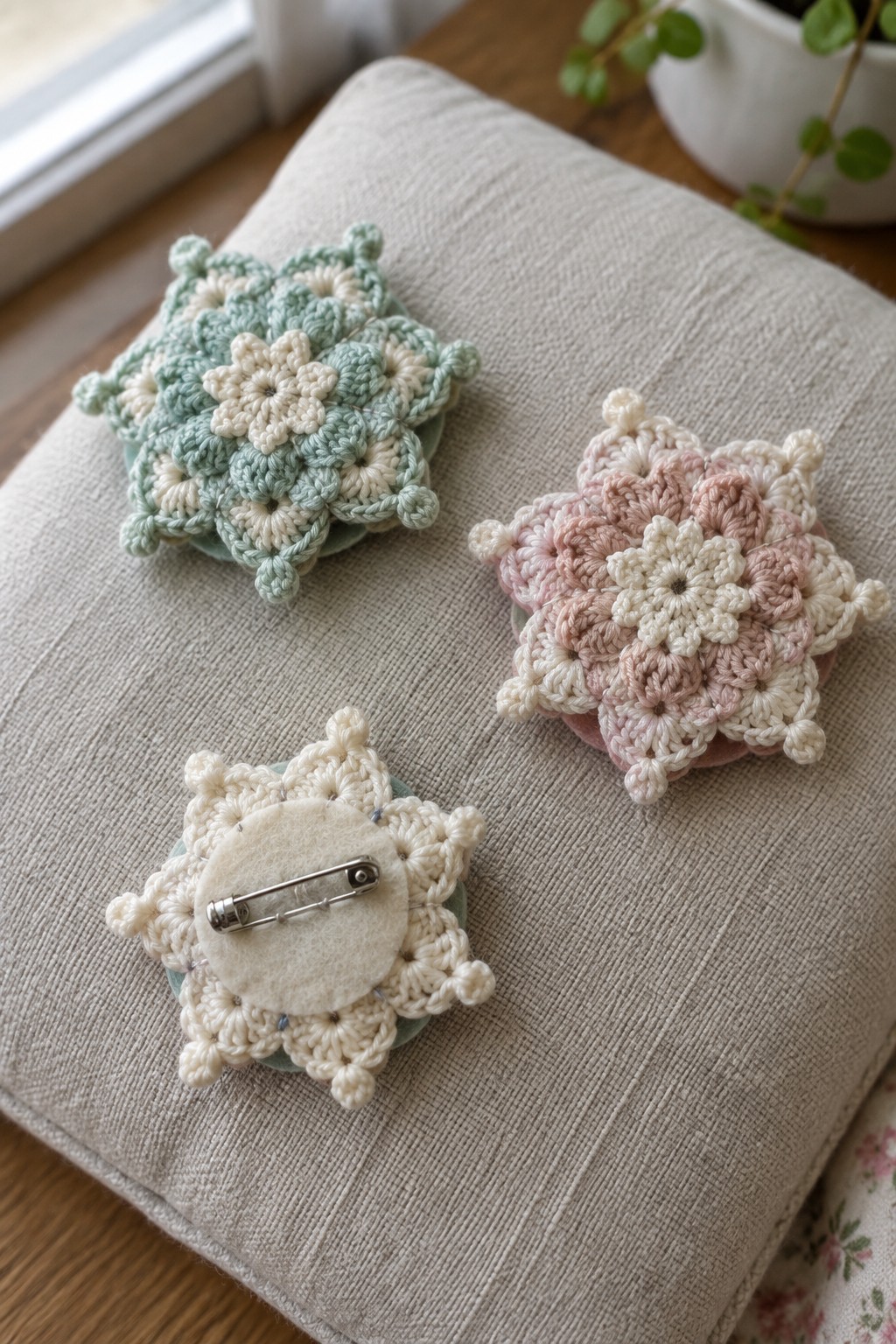 Three crocheted snowflake brooches in pastel hues on beige fabric, one showing pin back