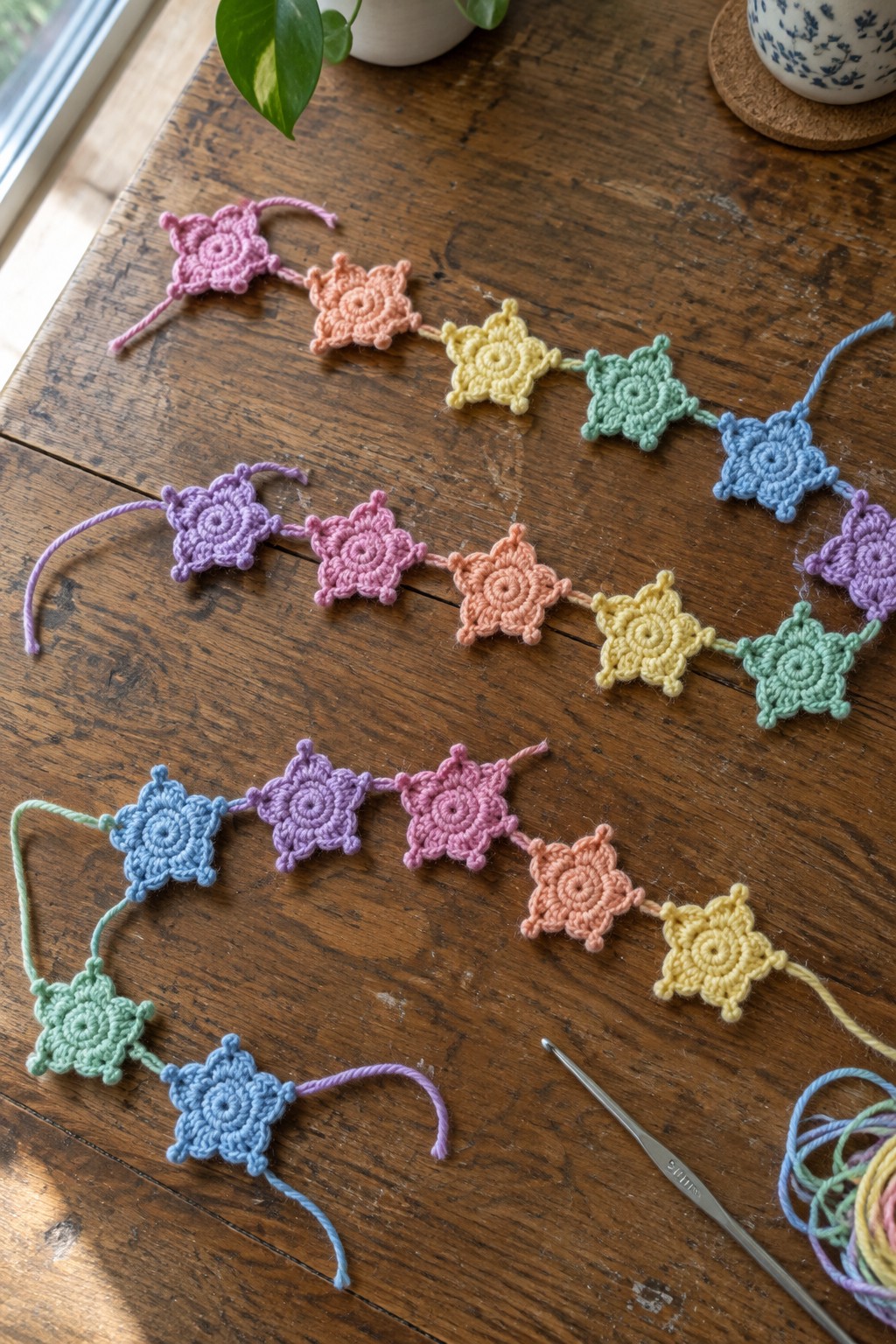 Colorful crocheted star garlands on wooden table with hook and yarn.