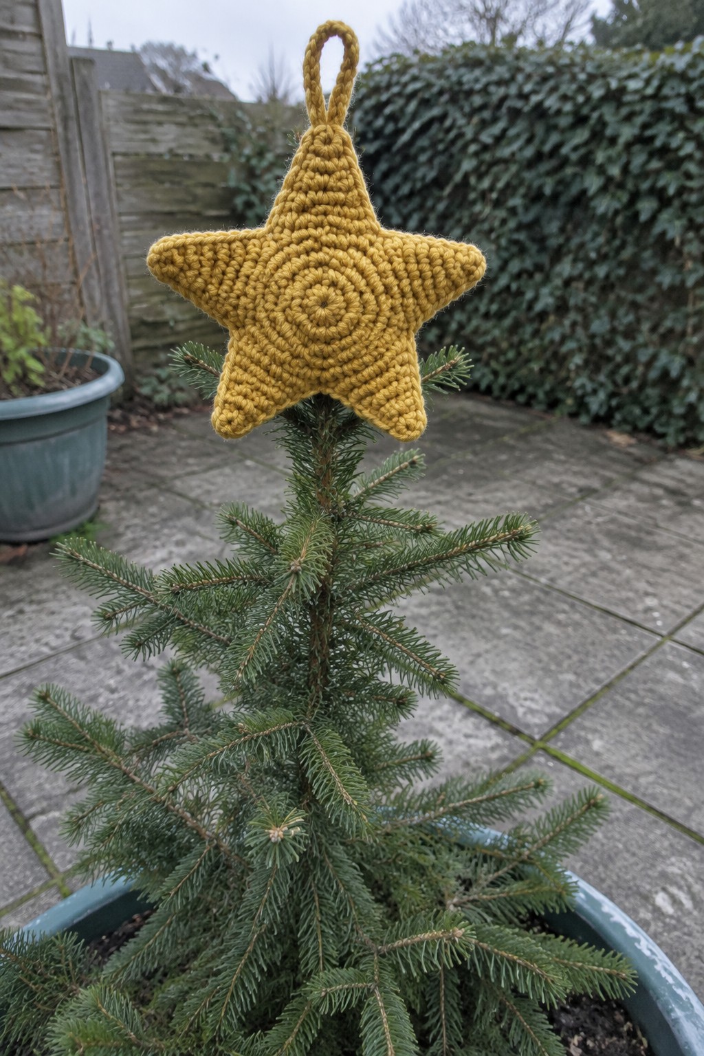 Yellow crocheted star atop a small potted evergreen tree on patio.