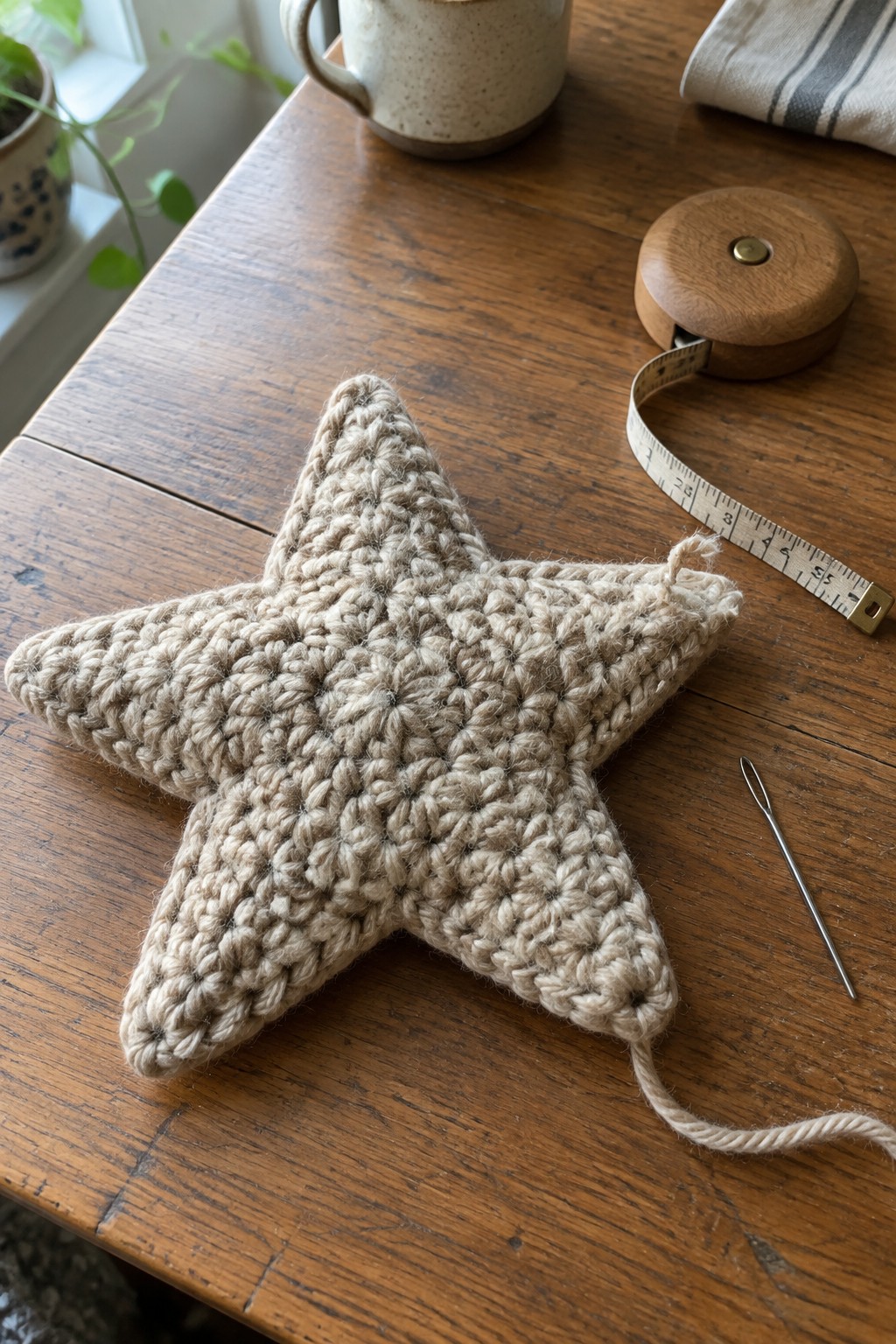 Beige crocheted star on wooden table beside measuring tape and needle