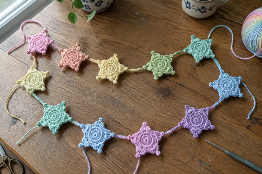 Colorful crocheted star garlands on wooden table with hook and yarn.
