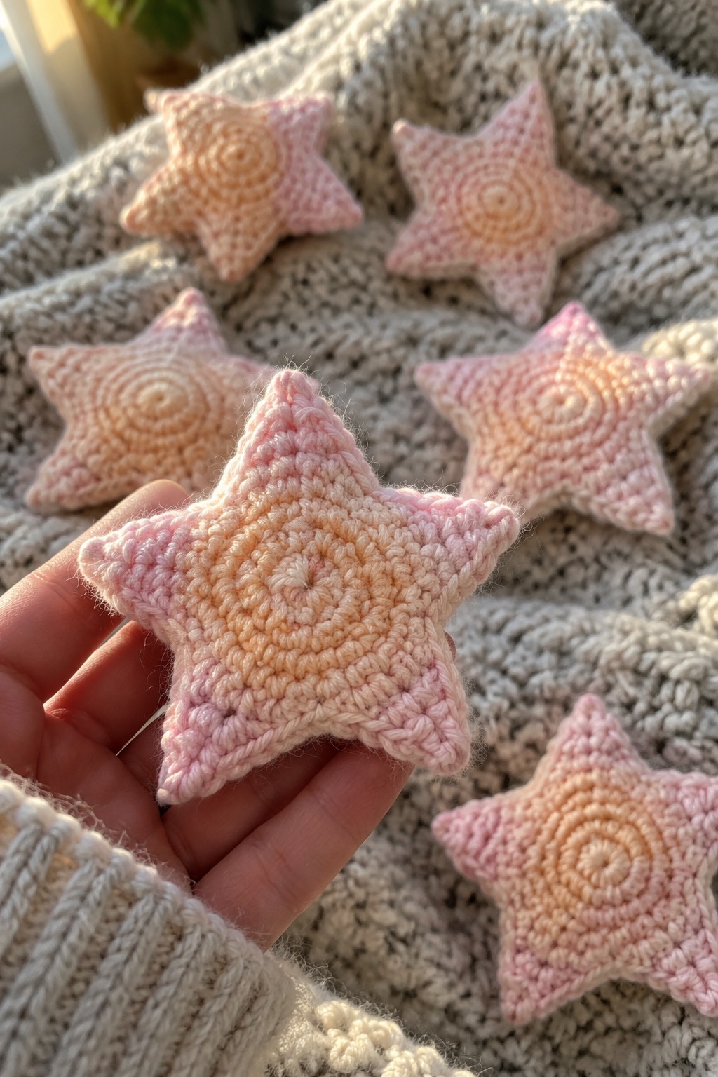 Hand holding a crocheted pink and peach gradient star with more matching stars on a white blanket.