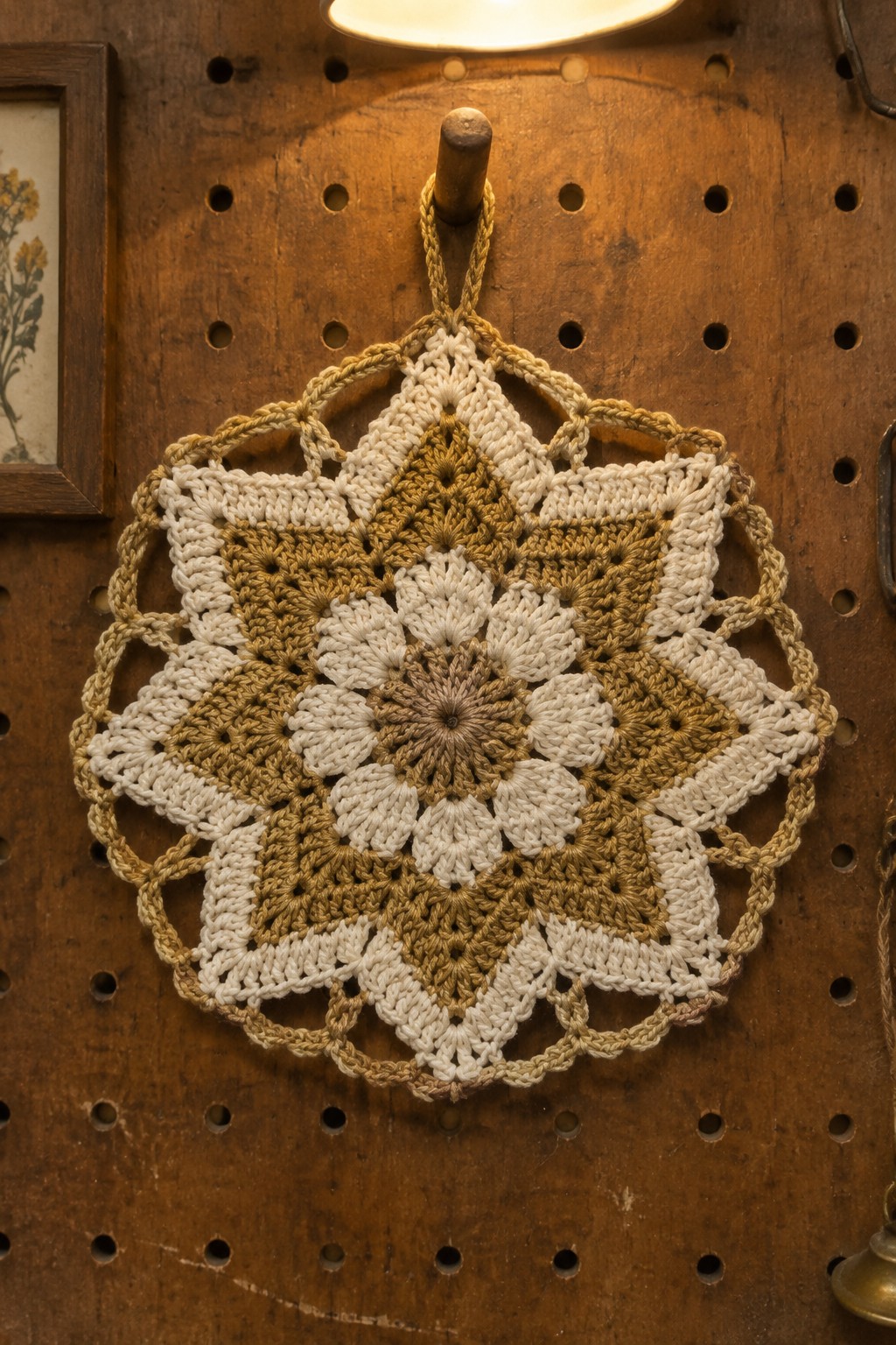 Crocheted floral mandala doily in cream and brown hanging from wooden peg