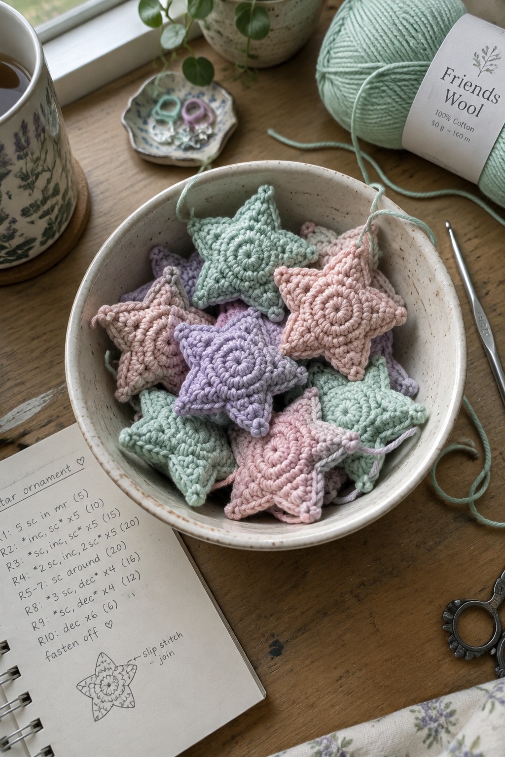 Crocheted pastel stars fill a bowl beside pattern notebook, yarn, and hook on wood table