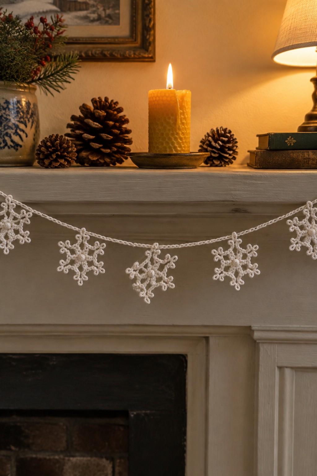 White crocheted snowflake garland on mantel with lit candle, pinecones, and books