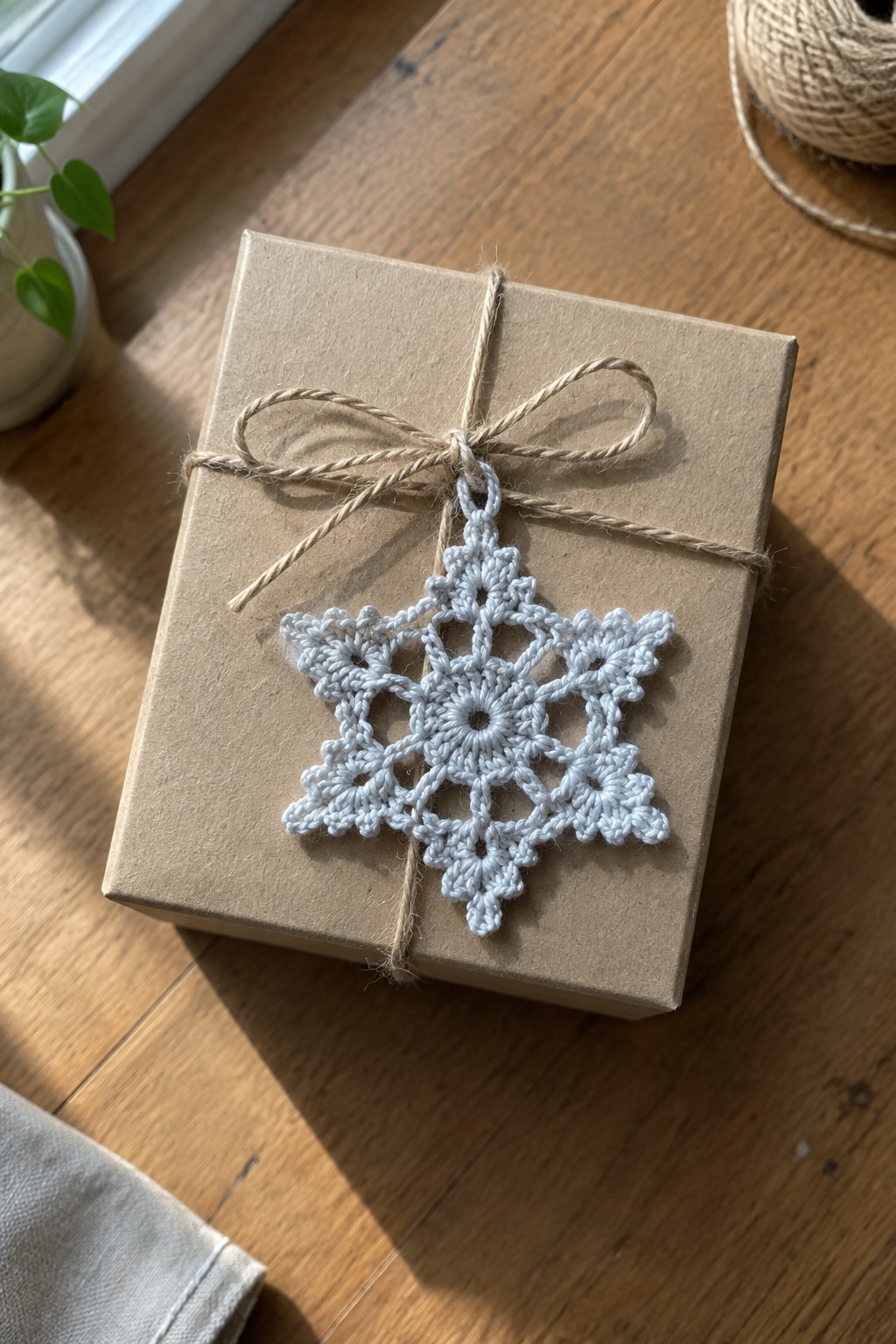 Brown gift box with twine bow and white crocheted snowflake on wooden table