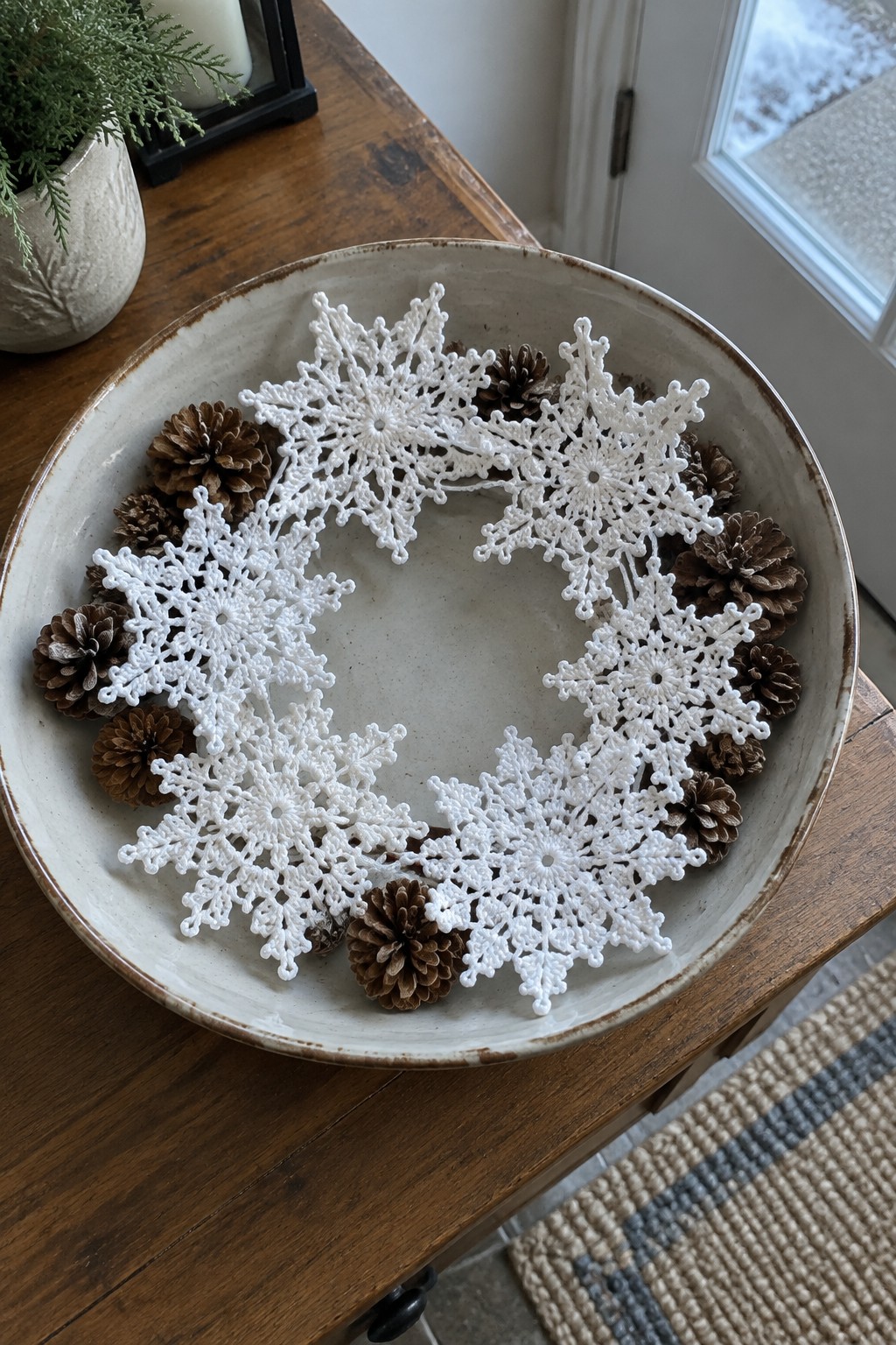 White crocheted snowflakes and brown pinecones in a ceramic bowl on wood table