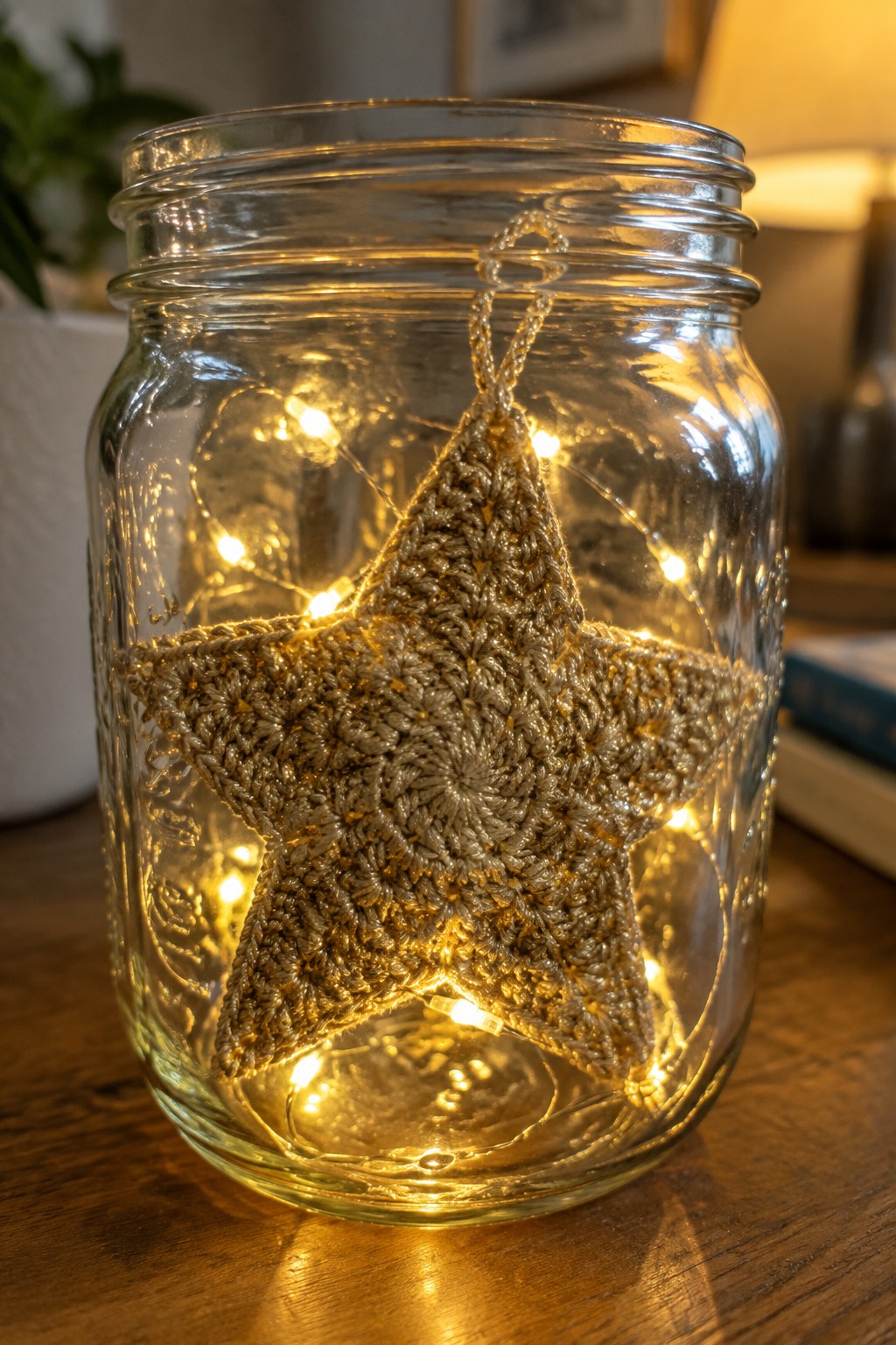 Crocheted star ornament glowing inside a glass jar with string lights.