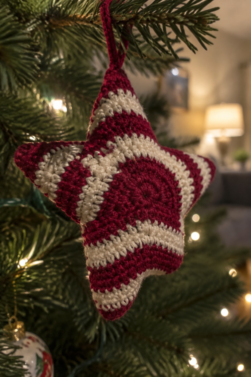Crocheted red and white star ornament hanging on a lit Christmas tree.
