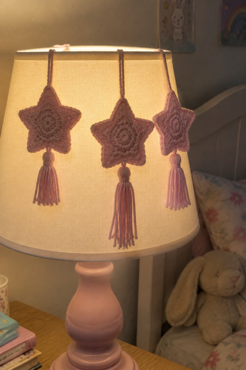 Pink lamp with three crocheted pink stars and tassels on its shade.