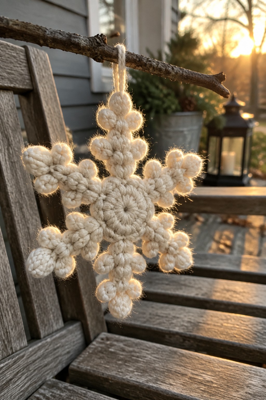 White crocheted snowflake ornament hanging from a branch on wooden chair at sunset.