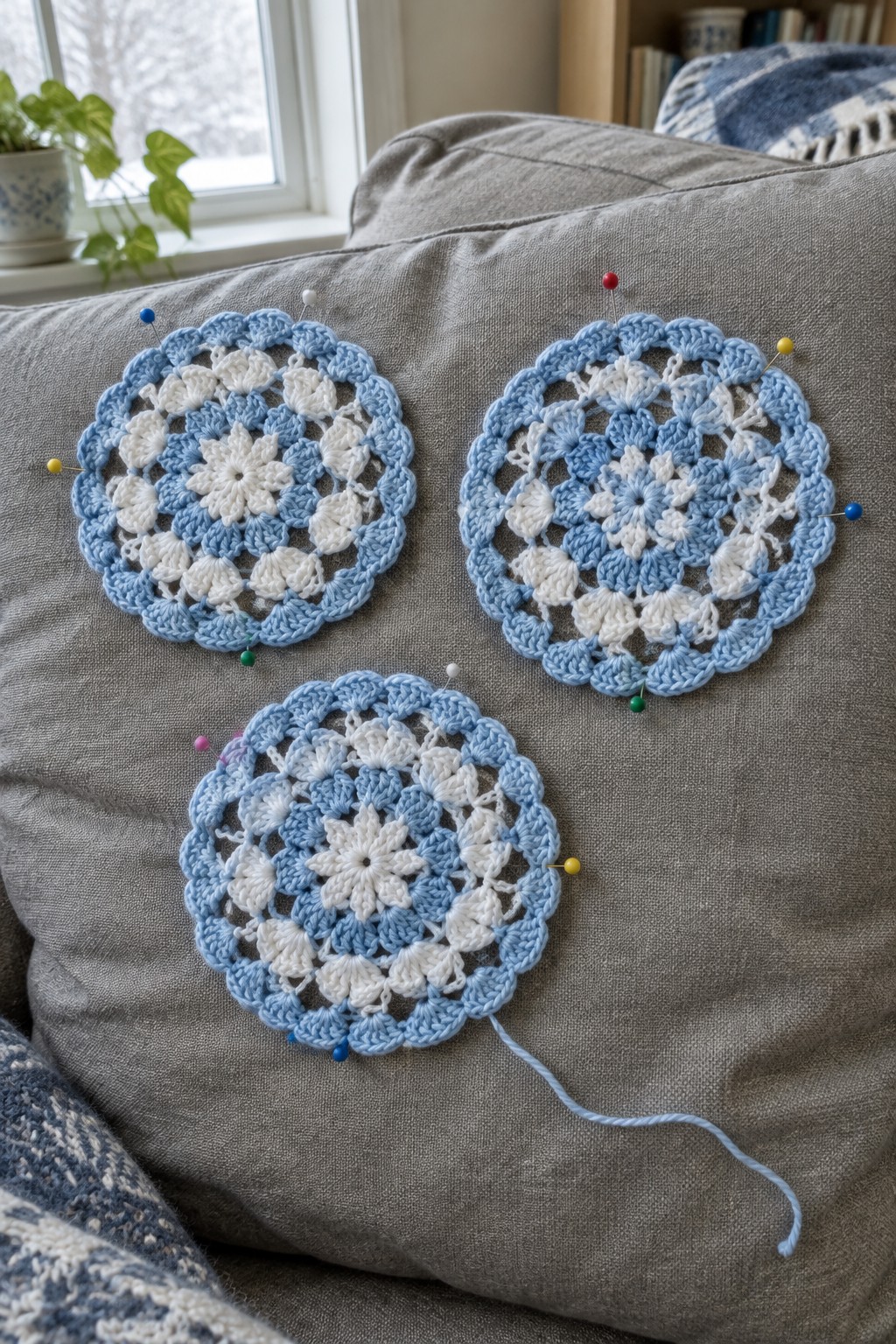 Three blue and white crocheted doilies pinned with colorful pins on a gray couch.