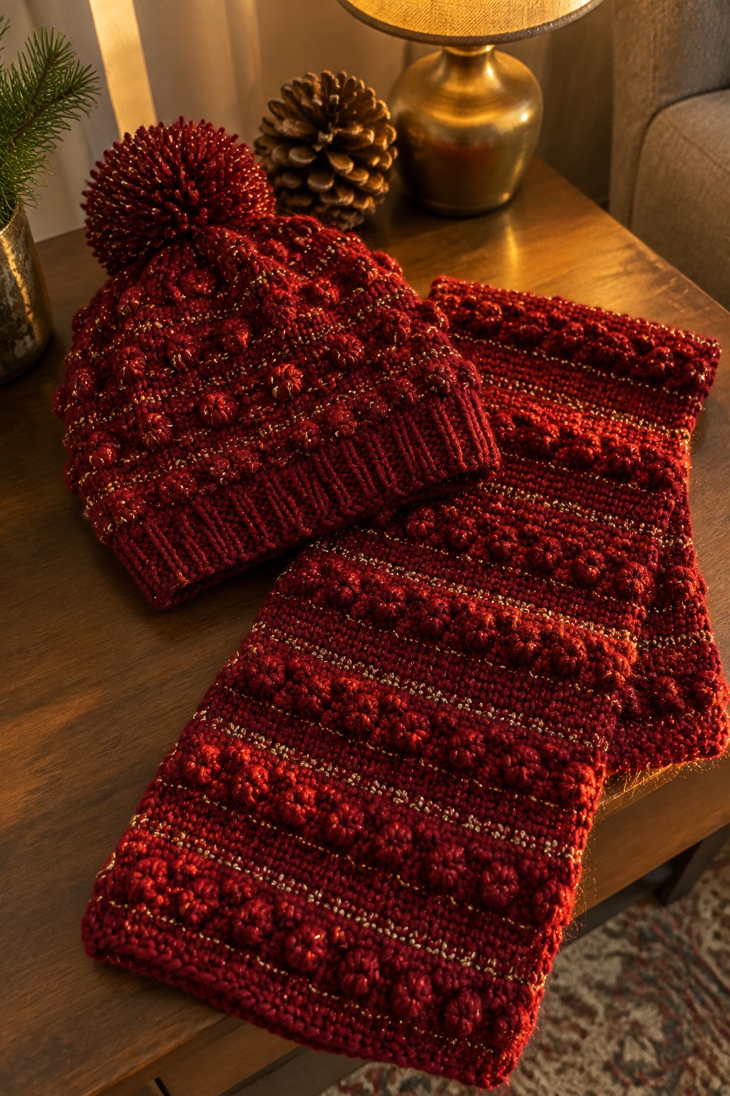 Red knitted beanie with pom-pom and matching bobble scarf on wooden table