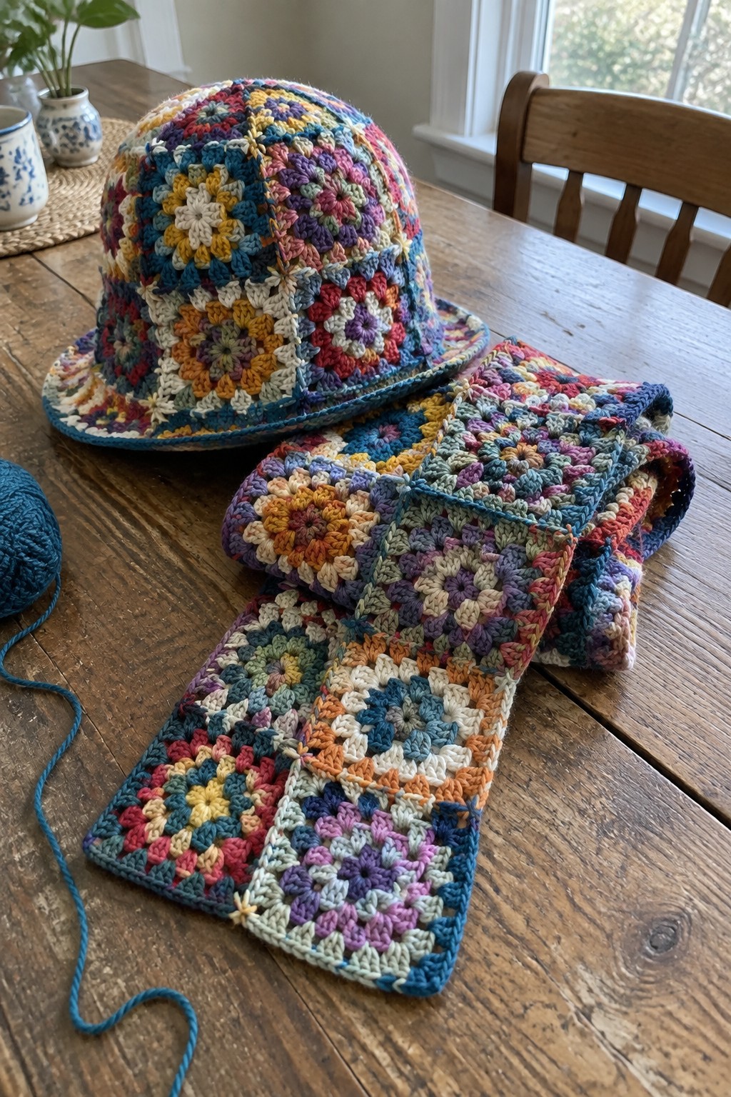 Colorful granny square crochet bucket hat and scarf with teal yarn on table