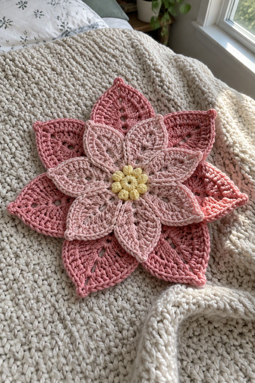 Pink crocheted flower with yellow center on white knitted blanket