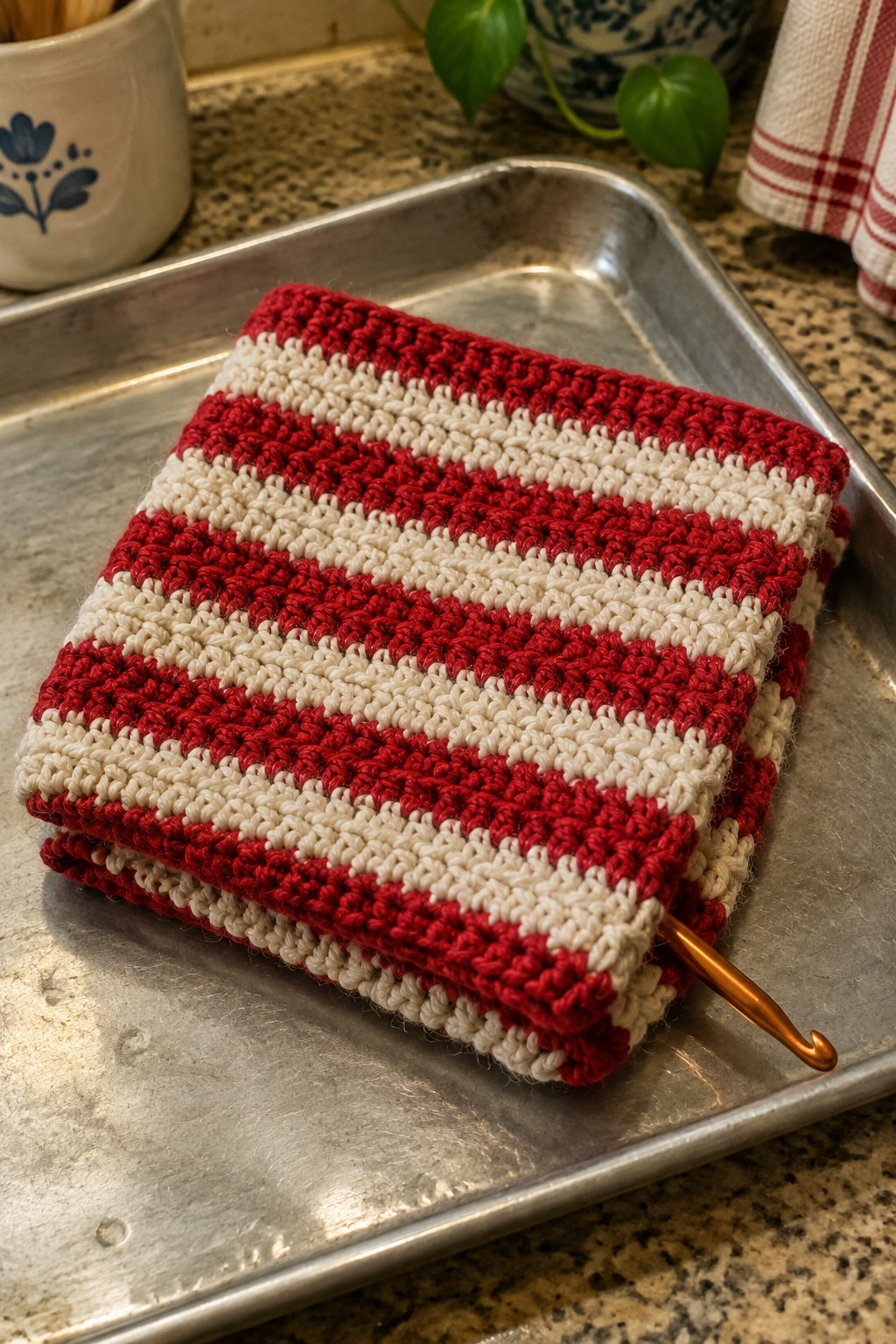 Red and white striped crocheted potholder with hook on metal tray