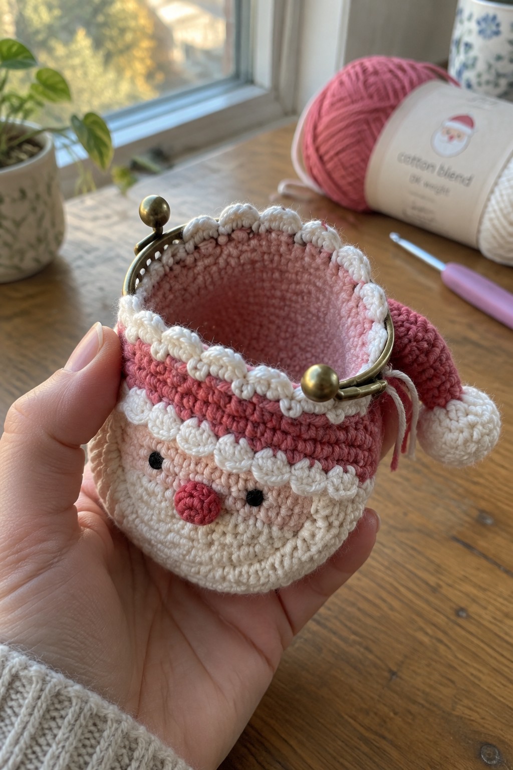 Hand holding pink crocheted Santa Claus coin purse with metal clasp and hat