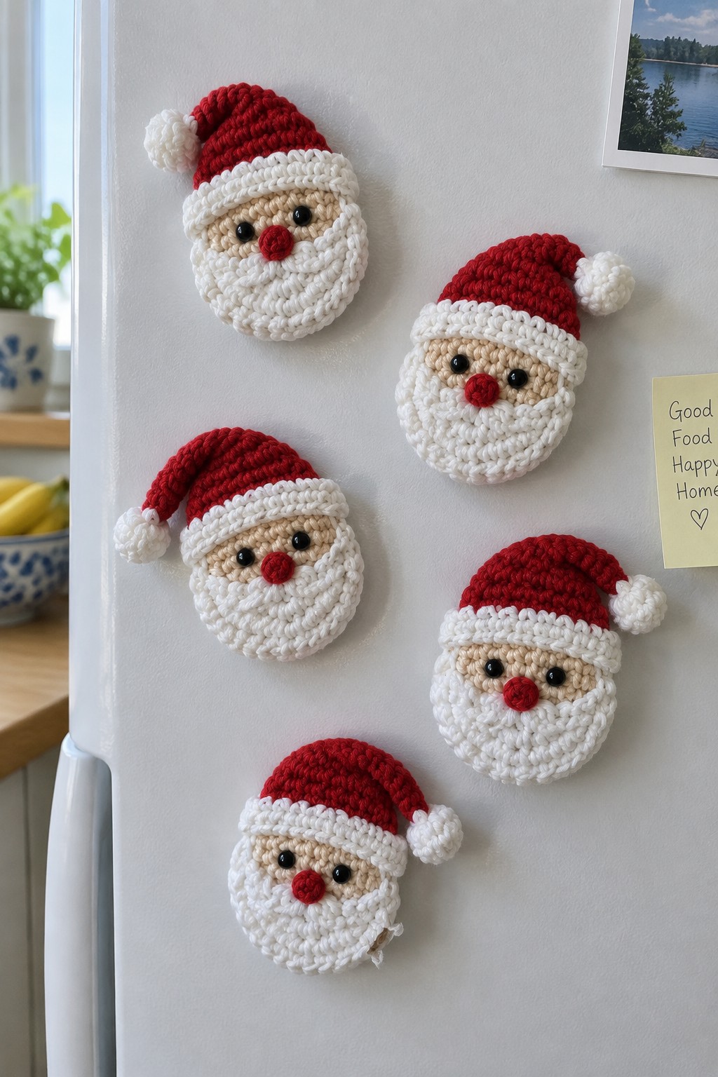Five crocheted Santa face magnets placed on a white refrigerator door.