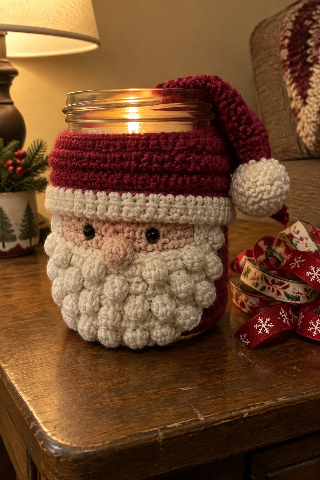 Lit candle in mason jar with crocheted Santa hat, beard on wooden table