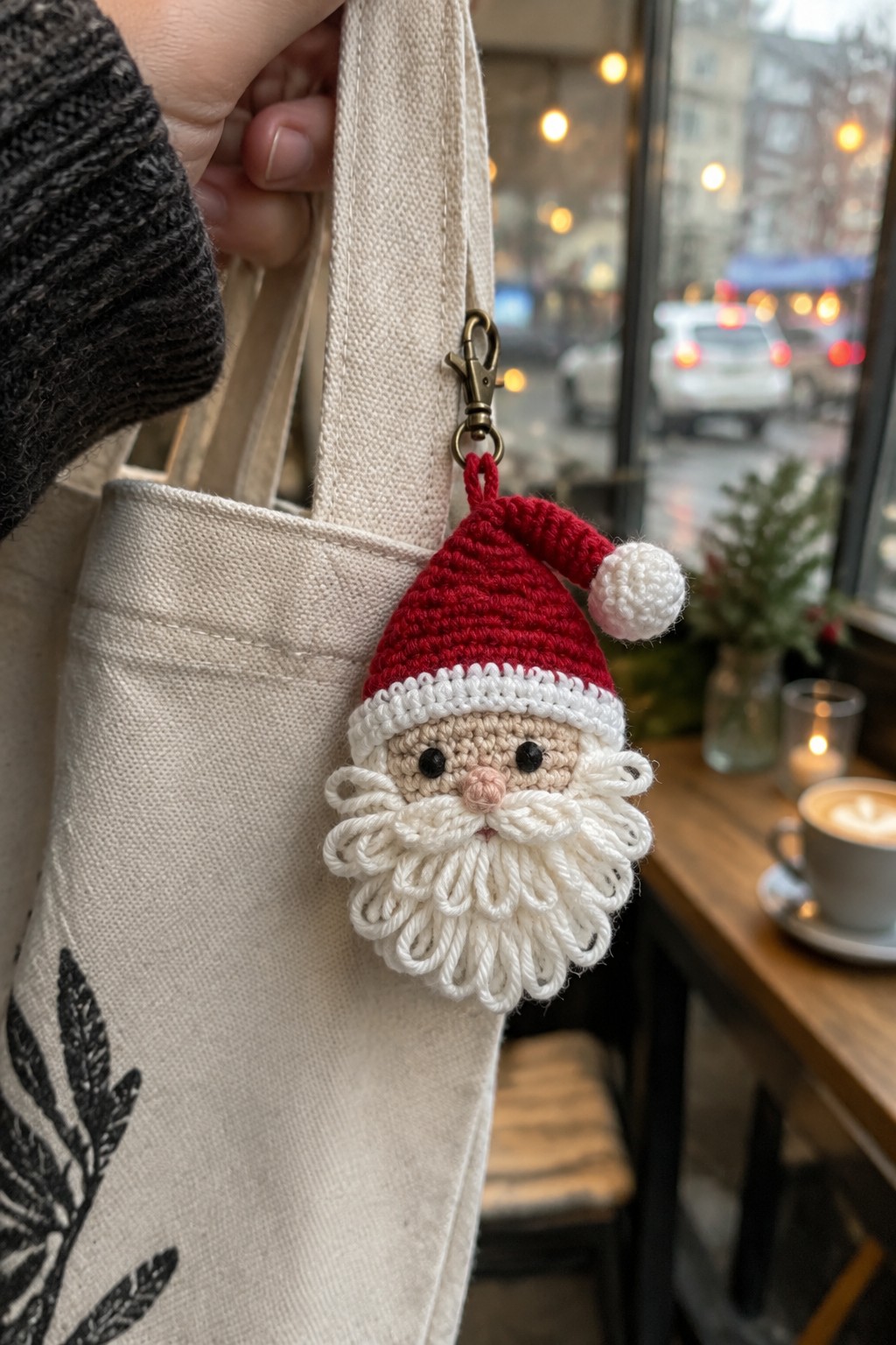 Crocheted Santa keychain with red hat on canvas tote bag in cafe