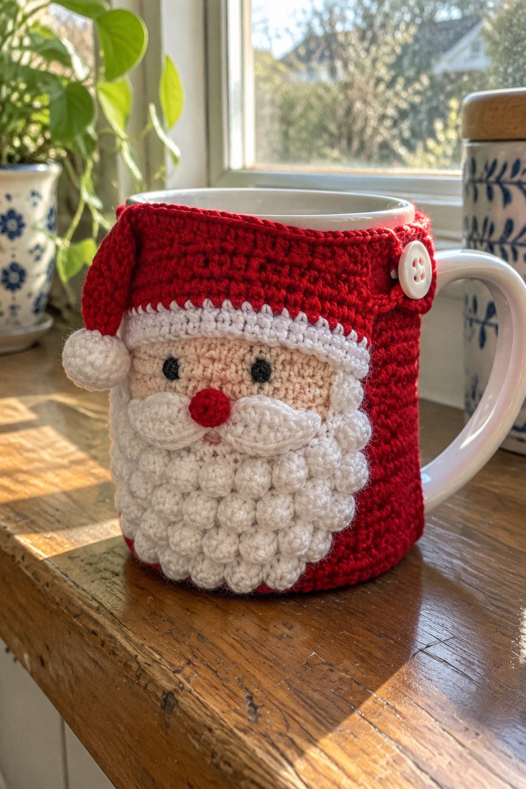 Crocheted Santa Claus cozy with red hat and white beard on white mug