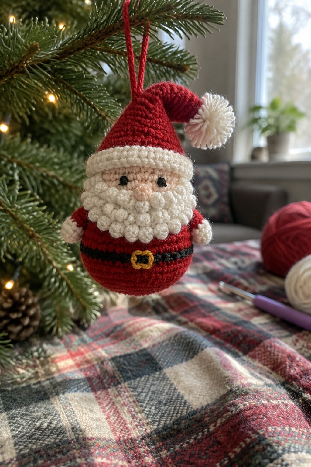 Crocheted red Santa Claus ornament with white beard hanging from Christmas tree.