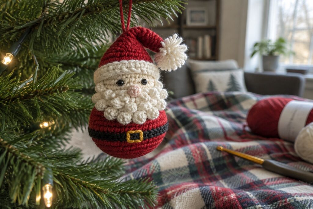 Crocheted red Santa Claus ornament with white beard hanging from Christmas tree.