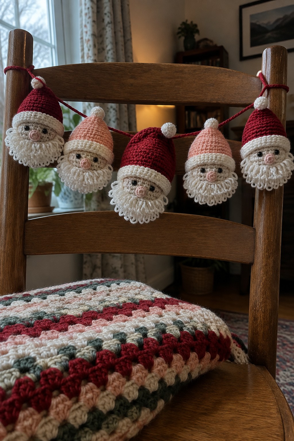 Crocheted Santa garland with red and pink hats on wooden chair above striped blanket