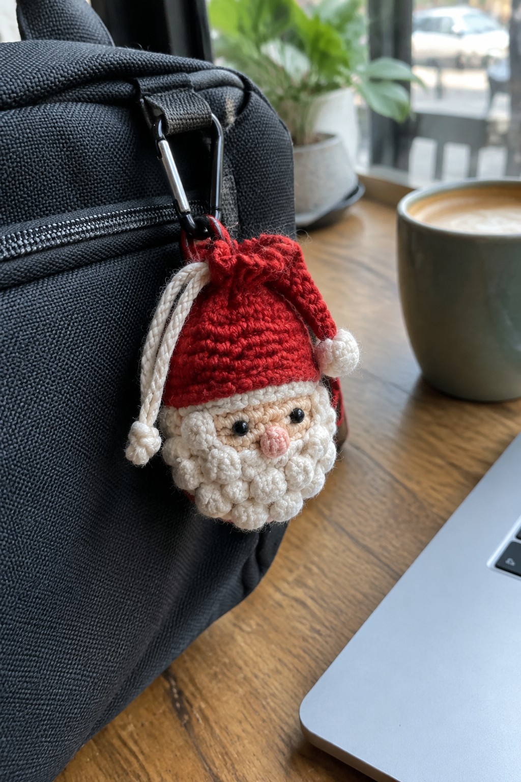 Crocheted Santa with red hat and white beard clipped to black bag beside coffee cup