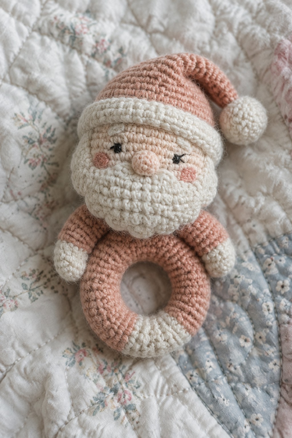 Crocheted Santa Claus rattle with peach hat on floral quilted blanket