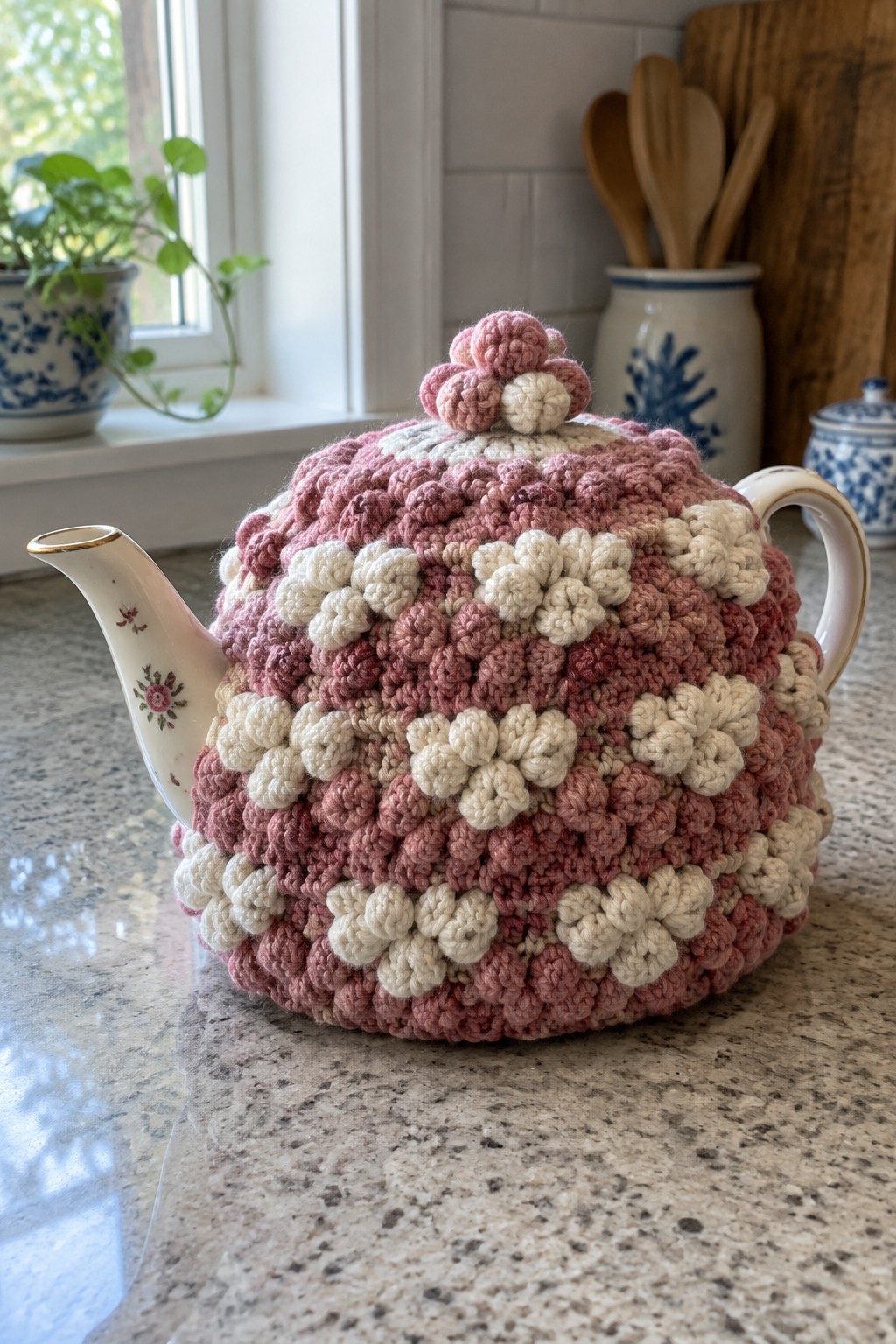 Pink and white crocheted tea cozy with floral patterns on a teapot