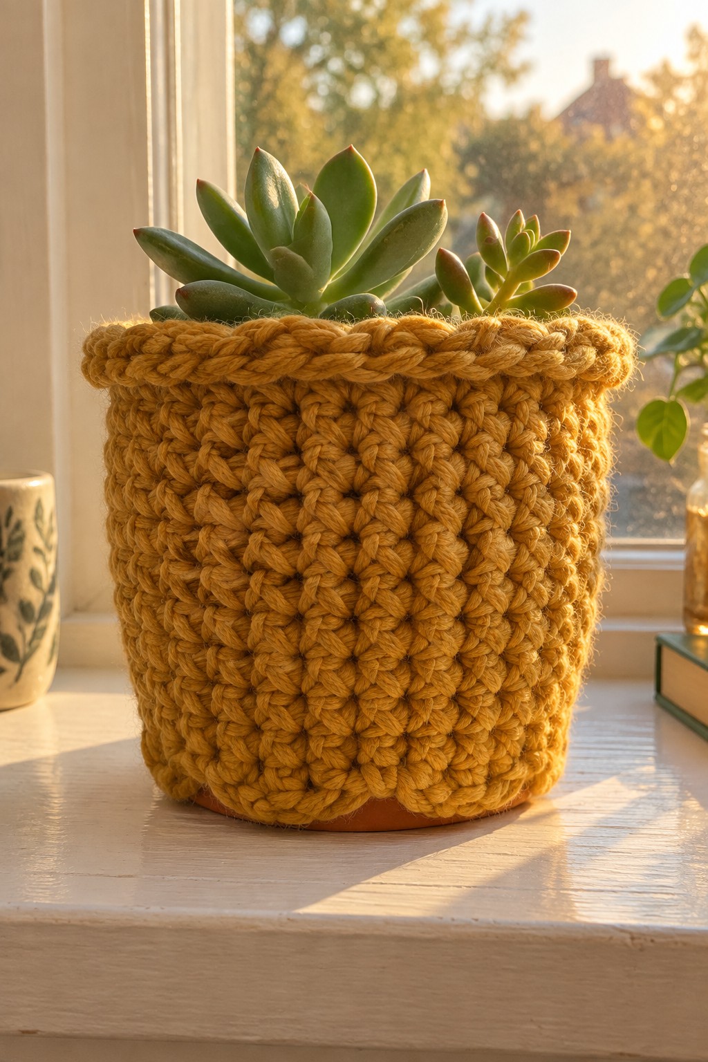 Green succulent in a mustard-yellow crocheted pot on a sunlit windowsill.