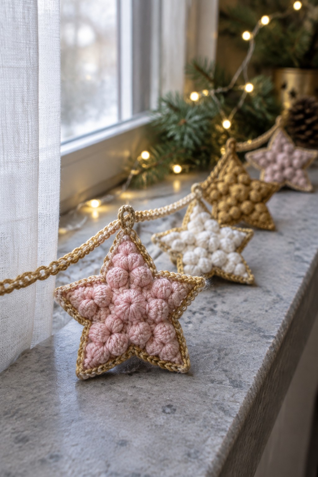 Crocheted pink, white, and gold star ornaments on a windowsill with lights