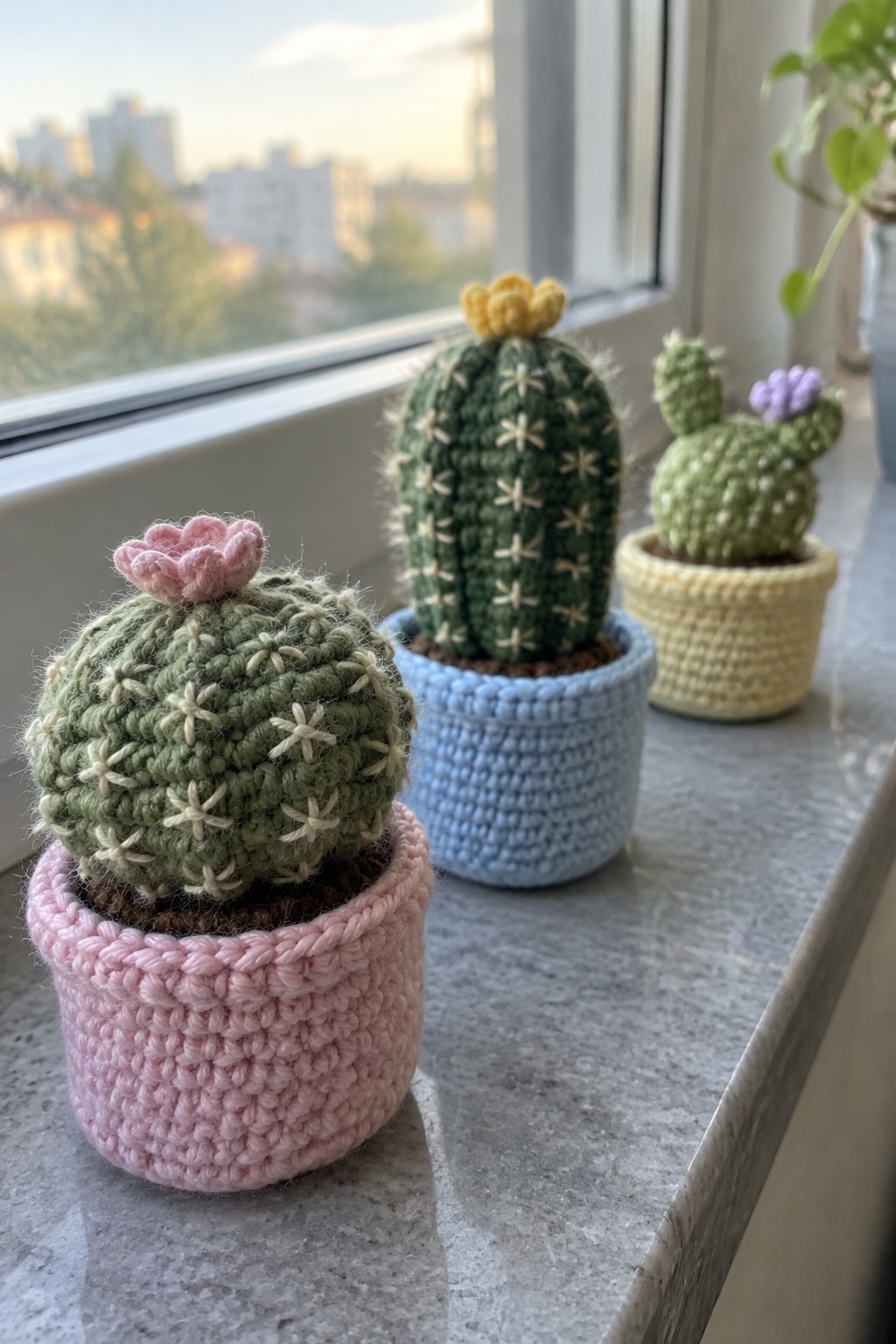 Three crocheted cacti with flowers in pink, blue, and yellow pots on a windowsill.