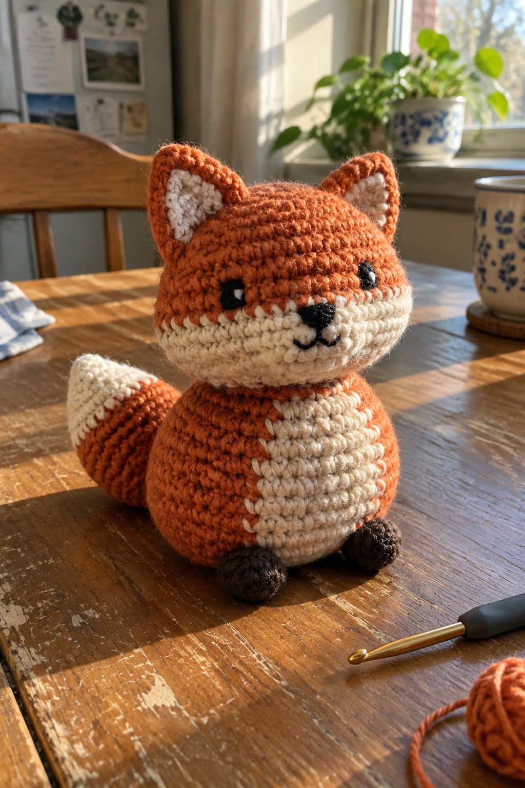 Crocheted orange and white fox amigurumi on wooden table with hook and yarn