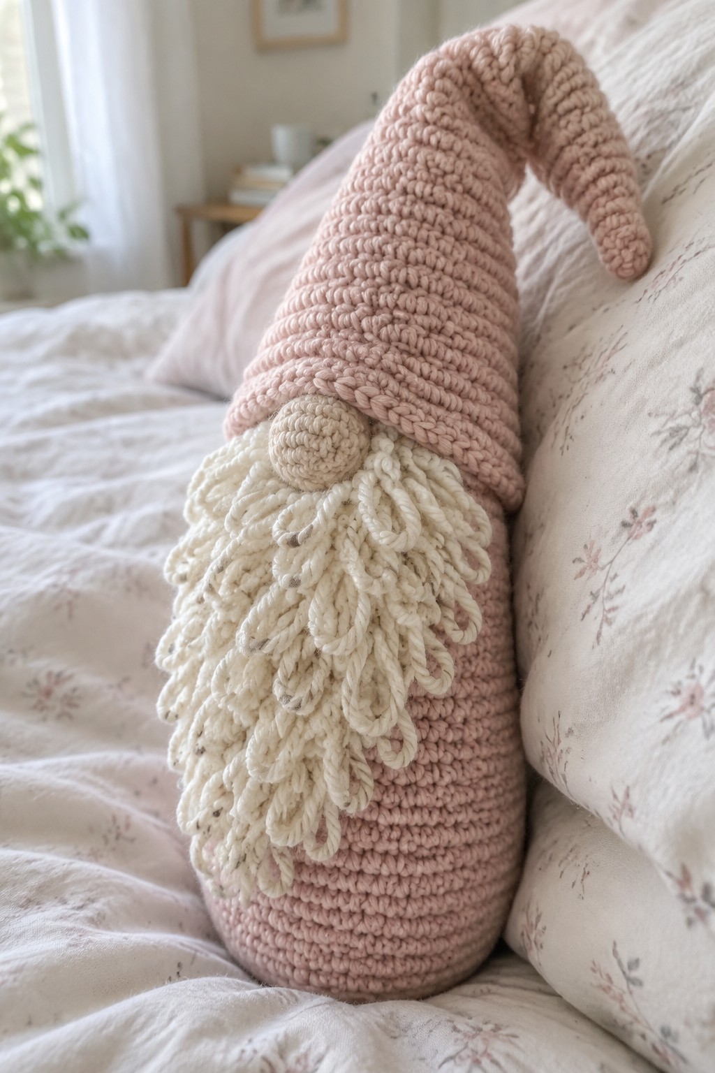 Pink knitted gnome with shaggy white beard on floral bed pillows