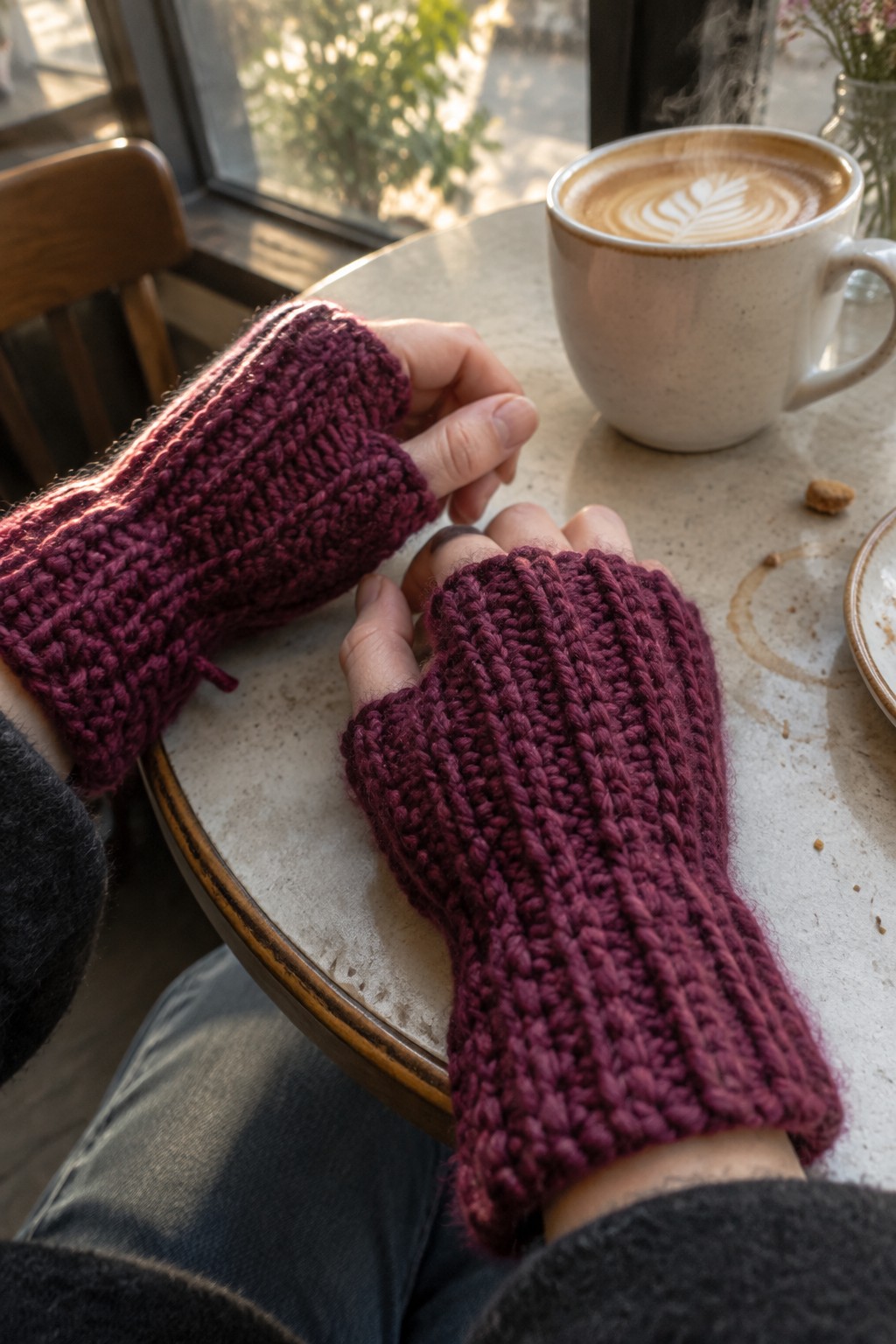 Hands in purple fingerless gloves rest beside a steaming latte with leaf art.