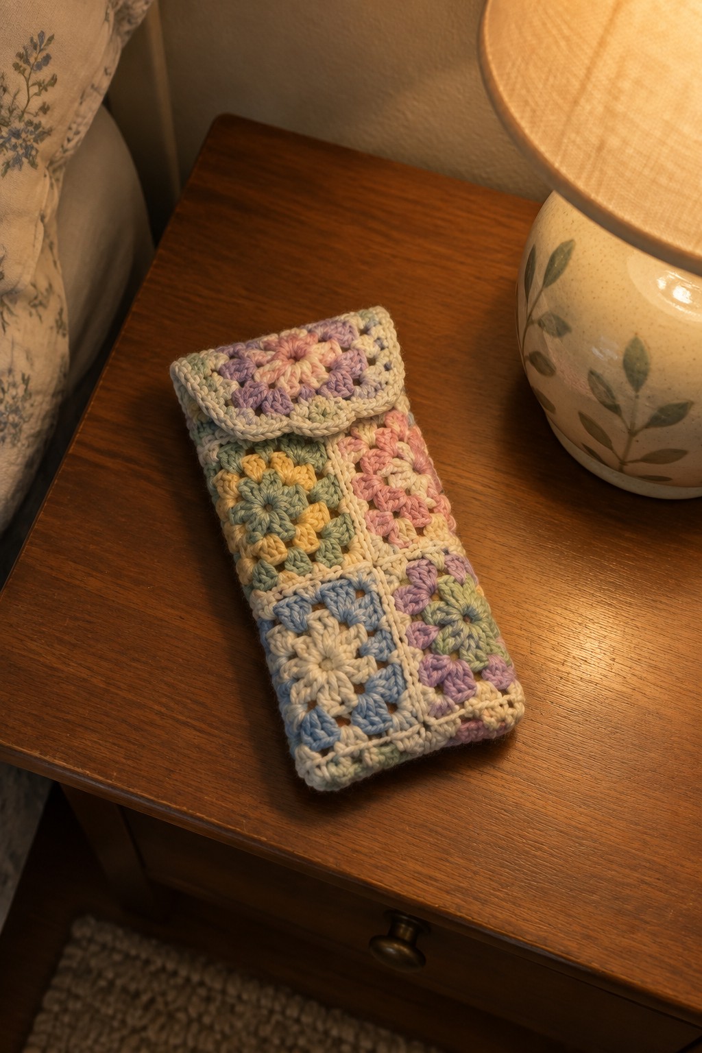 Pastel crocheted granny square pouch on wooden nightstand beside lamp