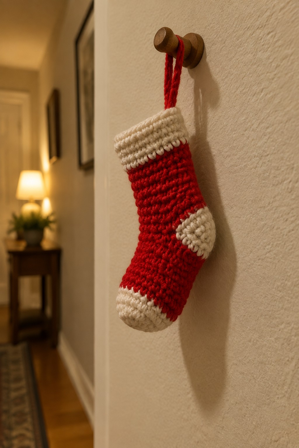 Red crocheted Christmas stocking with white cuff and toe on wooden peg