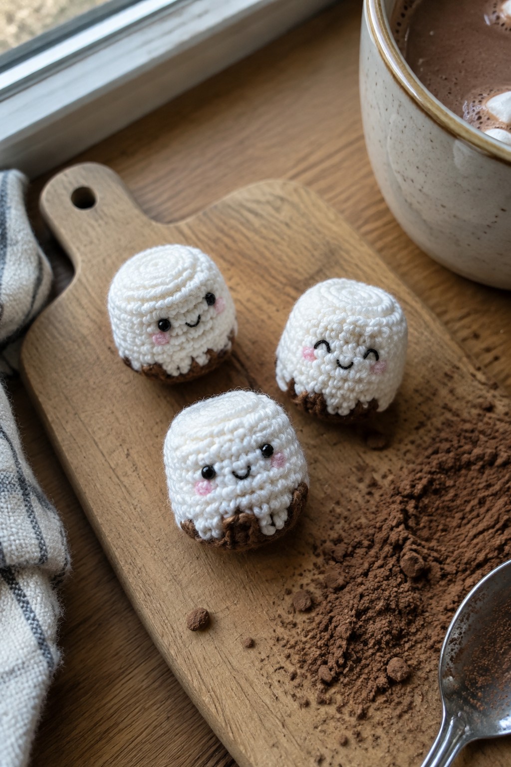 Three crocheted marshmallow figures with faces on board beside hot chocolate and cocoa.