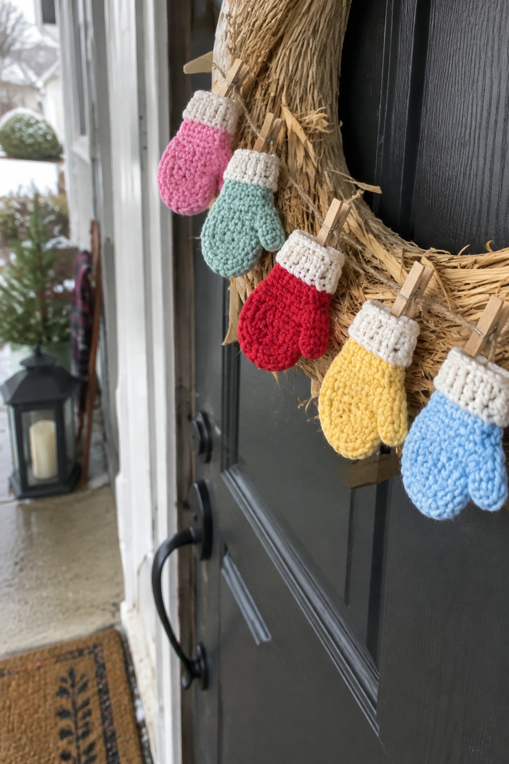 Colorful crocheted mittens clipped with clothespins to a wreath on a black door