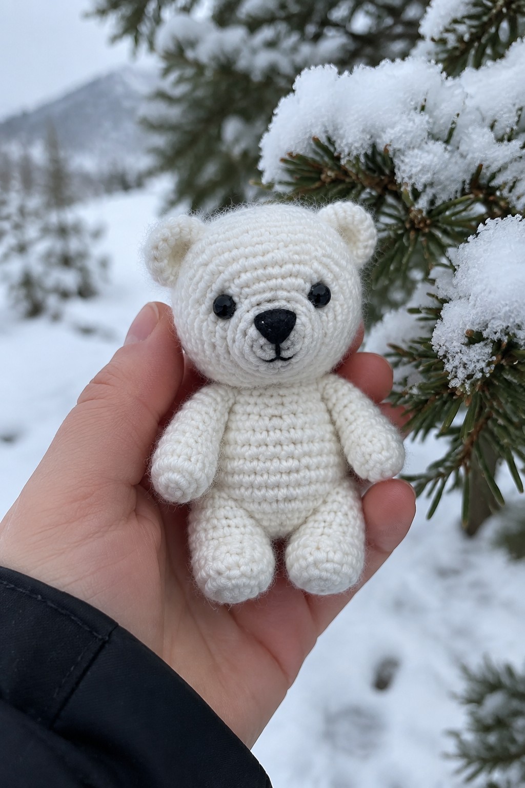 Hand holding tiny white crocheted teddy bear before snow-covered pine branches.