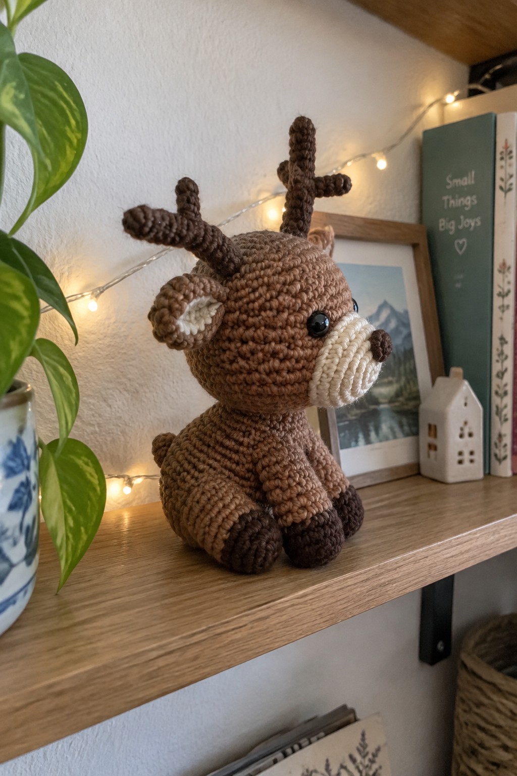 A crocheted brown reindeer with antlers sits on a wooden shelf beside a plant and books.