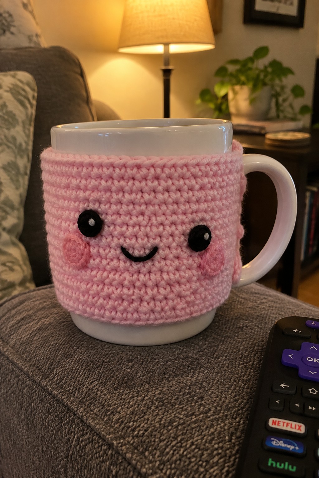 Pink crocheted cozy with kawaii face on white mug beside TV remote