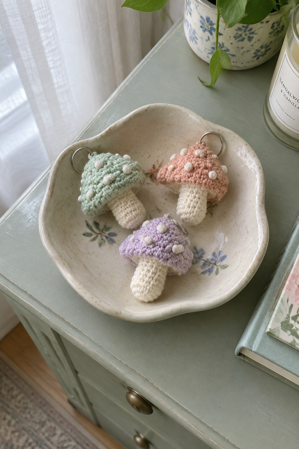 Three pastel crocheted mushroom keychains in a floral ceramic bowl on green dresser.