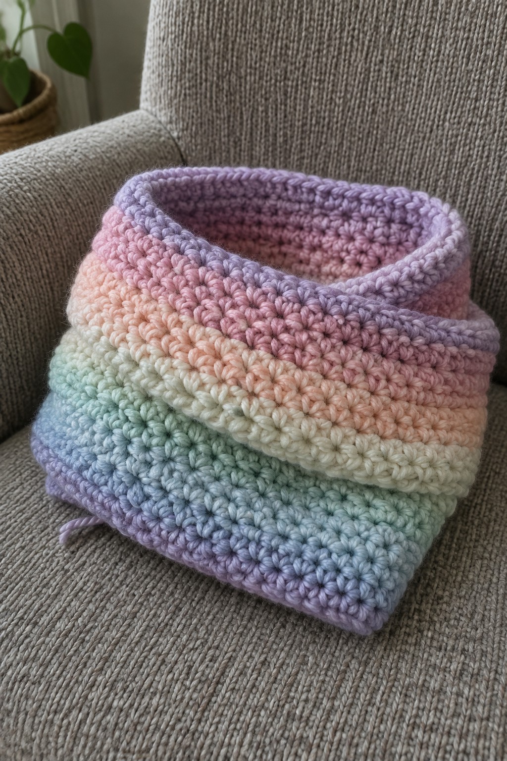 Pastel rainbow crocheted cowl folded on gray textured armchair with plant nearby.