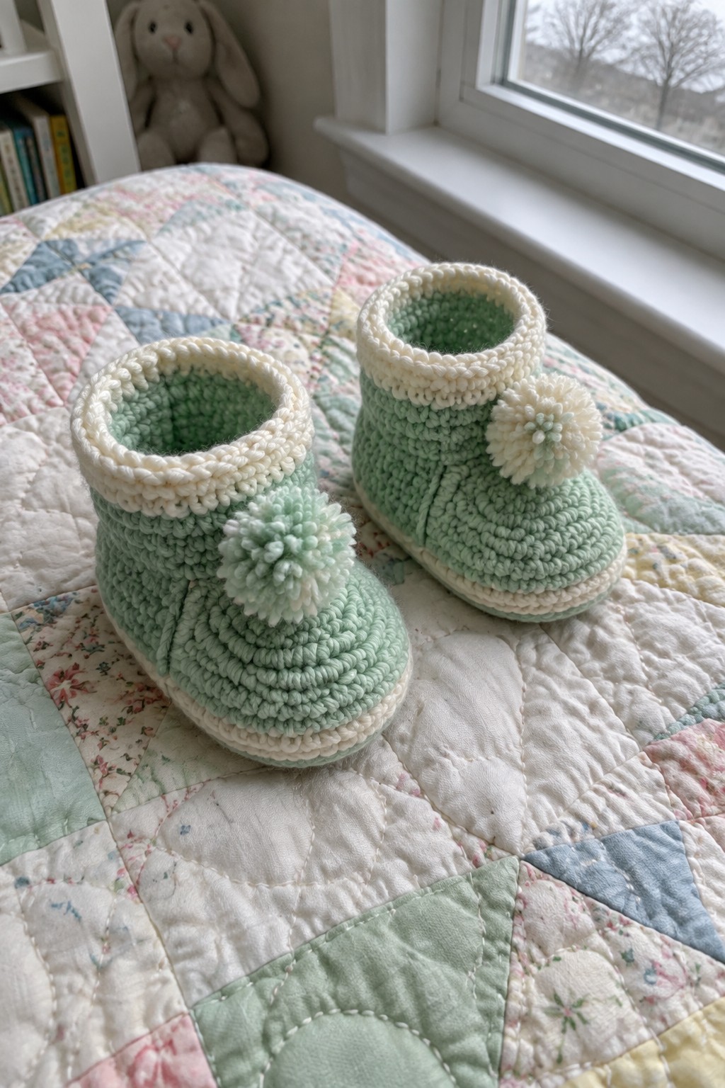 Two mint green crocheted baby booties with white trim and pom-poms on patchwork quilt