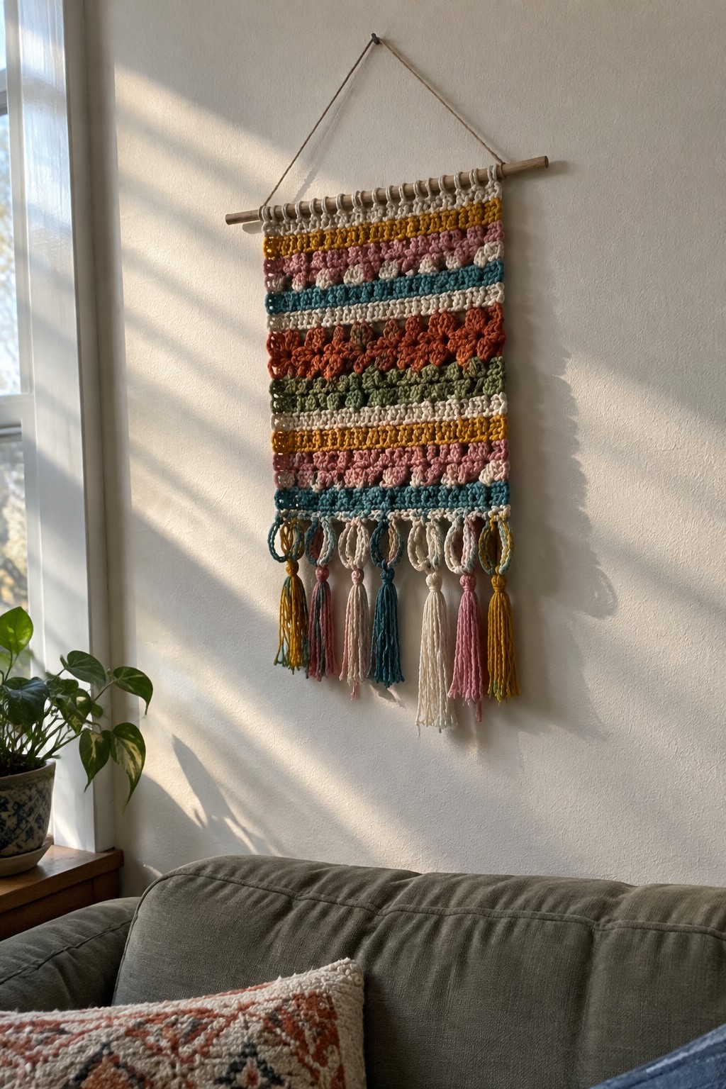 Colorful crocheted wall hanging with tassels above gray couch by sunlit window.