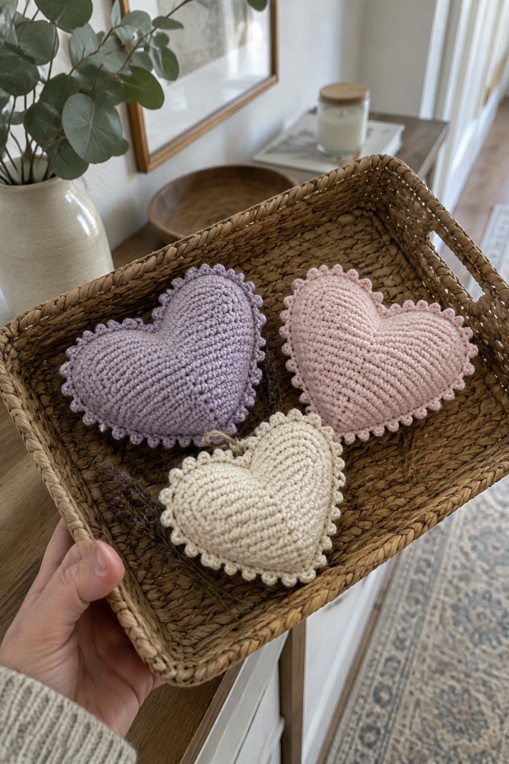 Hand holding woven basket with three pastel crocheted heart pillows in purple, pink, cream